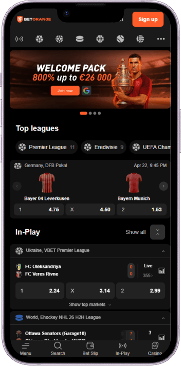 BetOranje sports betting with sport categories